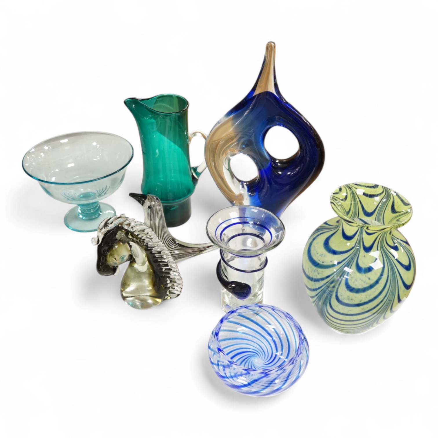 A collection of mid century and later art glass vases and ornaments, largest 39cm high